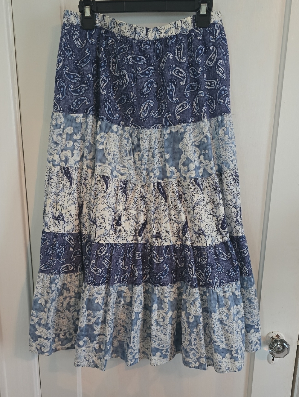 COLD WATER CREEK...Blue Patterned Tiered Maxi Skirt $25..large